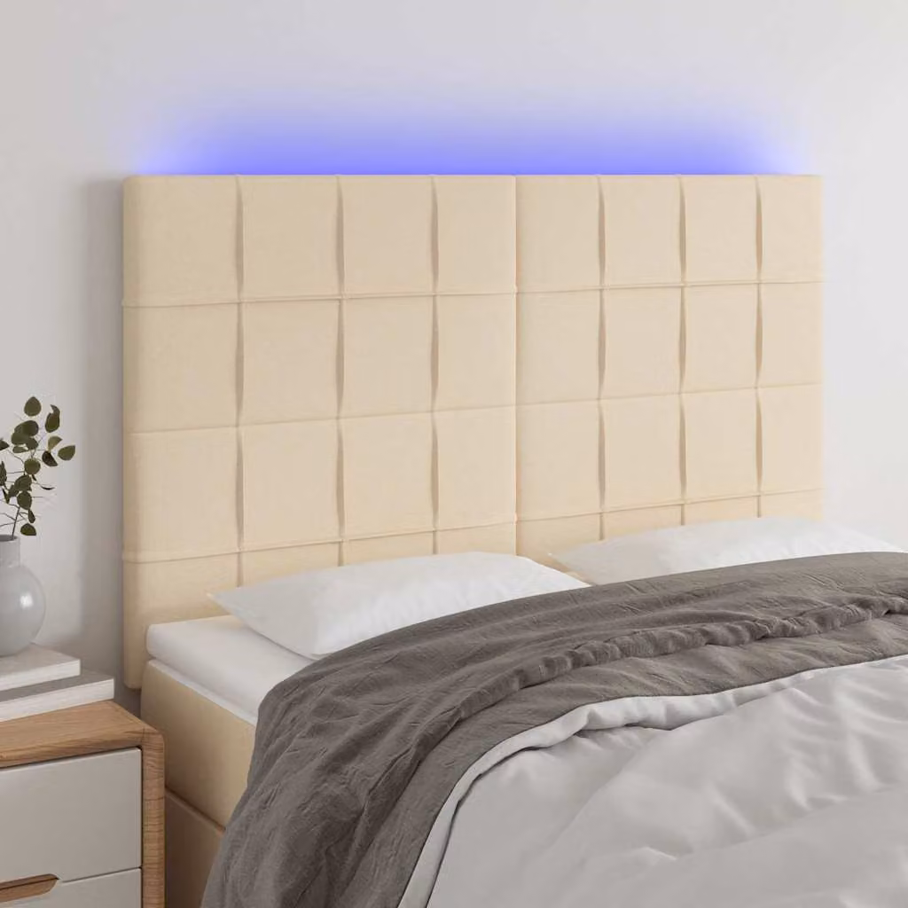 Testiera per letto con illuminazione LED e porta di ricarica USB vidaXL in tessuto beige, L: 144 cm, P: 5 cm, H: 118-128 cm