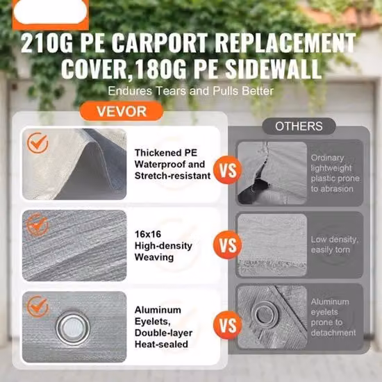 Tenda per auto con portataiole - Copertura sostituibile - Tenda per auto senza struttura - 10x20 ft - Tenda per garage - Tela di protezione - Impermeabile e UV protetto - Carport per giardino - Grigio