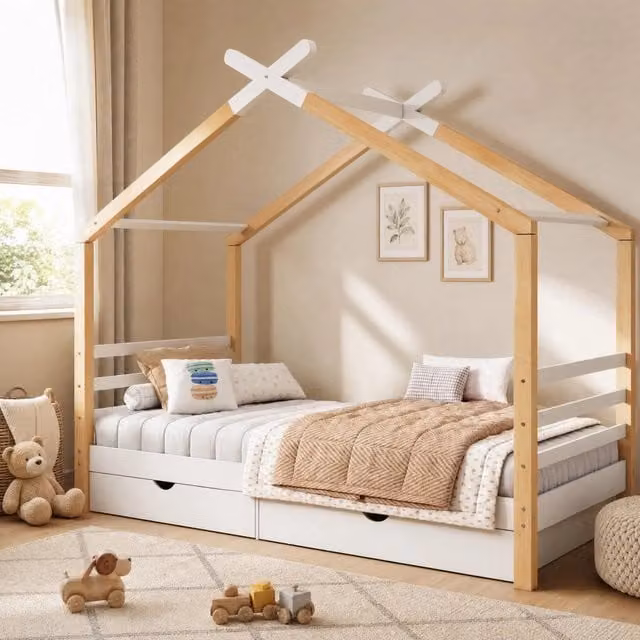Letto a casetta per bambini in legno massiccio di pino con cassetti e rete a doghe, 90x200 cm, bianco e legno naturale