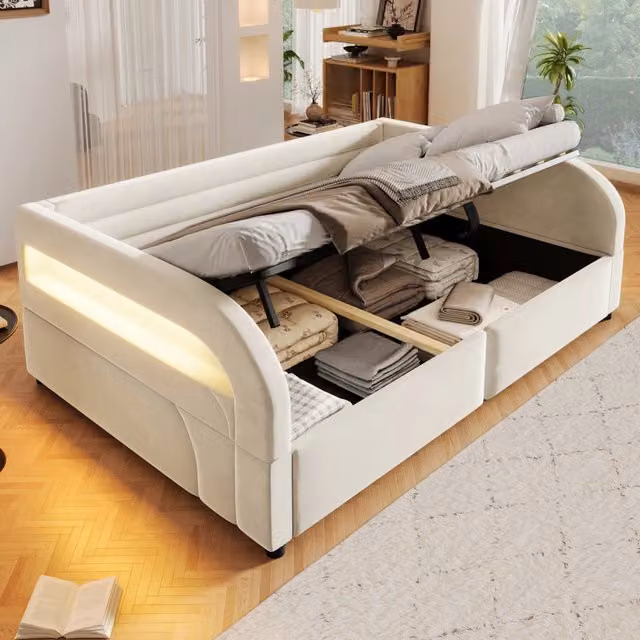 letto a piattaforma in flanell beige 140 x 200 cm