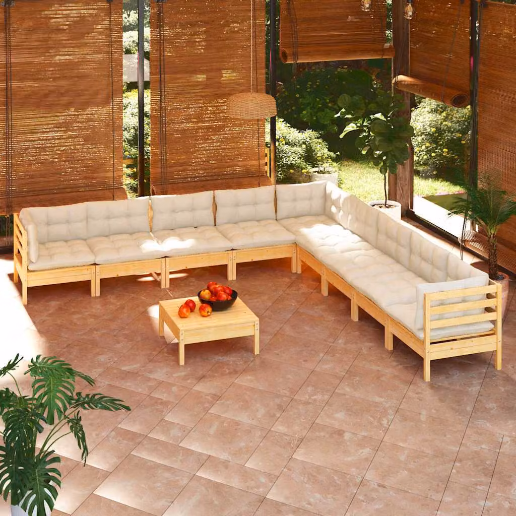 Set di divani da giardino vidaXL in legno massello di pino con cuscini beige, composizione a L con elementi angolari e pouf, 10 pezzi