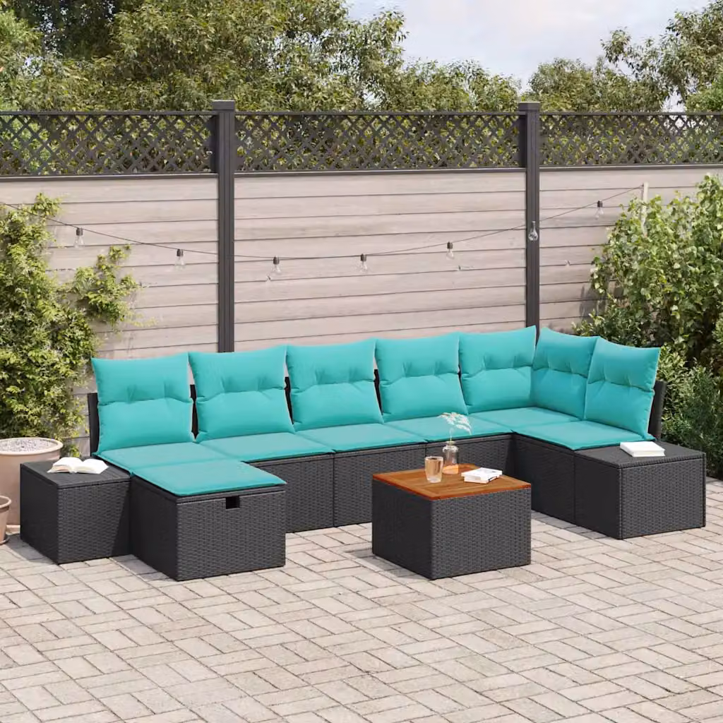 Set Divano da Giardino a L vidaXL 8 pz con Tavolino e Ottoman, Colore Nero e Turchese, Struttura in Metallo e Rattan con Cuscini Inclusi