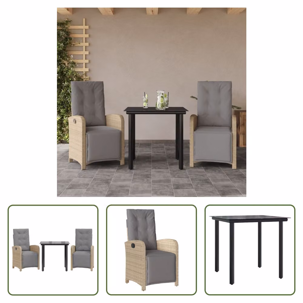 The Living Store Set da bistrot 3 pezzi con cuscini Beige poly rattan
