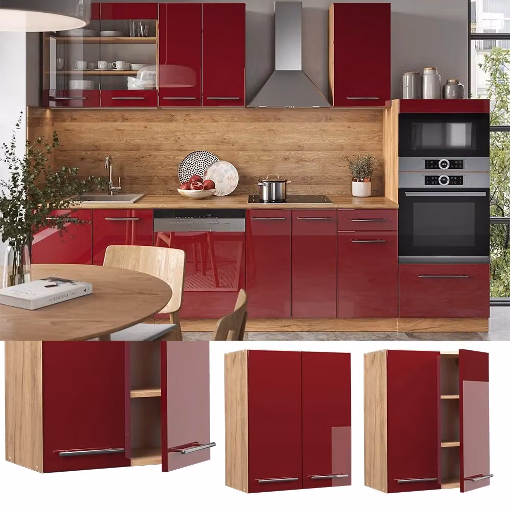 Pensile da cucina Vicco Fame-Line moderno con ante a battente, finitura lucida bordeaux e rovere, L: 60 cm, H: 72 cm, P: 34,1 cm – 2