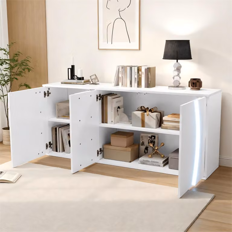 okwish, armadio da cucina, mobile per soggiorno con ante a LED e spazio contenitivo, armadio con tre ante, bianco