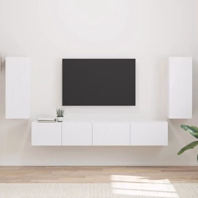 Set mobile TV moderno vidaXL in 4 pezzi, colore bianco, in legno MDF per soggiorno, ufficio o camera da letto – 1