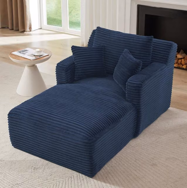 Chaise longue ULEVR in velluto a coste blu 33x33x127 cm, imbottitura in schiuma e molle insacchettate