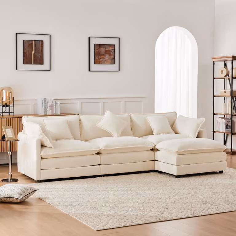 Divano angolare Merax con funzione letto, divano a L a 3 posti con poggiapiedi, cuscini, divano da salotto, set di divani, divano, divano, ciniglia, beige