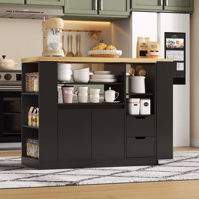 Isola da cucina con piano di lavoro estendibile, dimensioni 115x50x92 cm, isola da cucina nera con aspetto legno e spazio contenitivo
