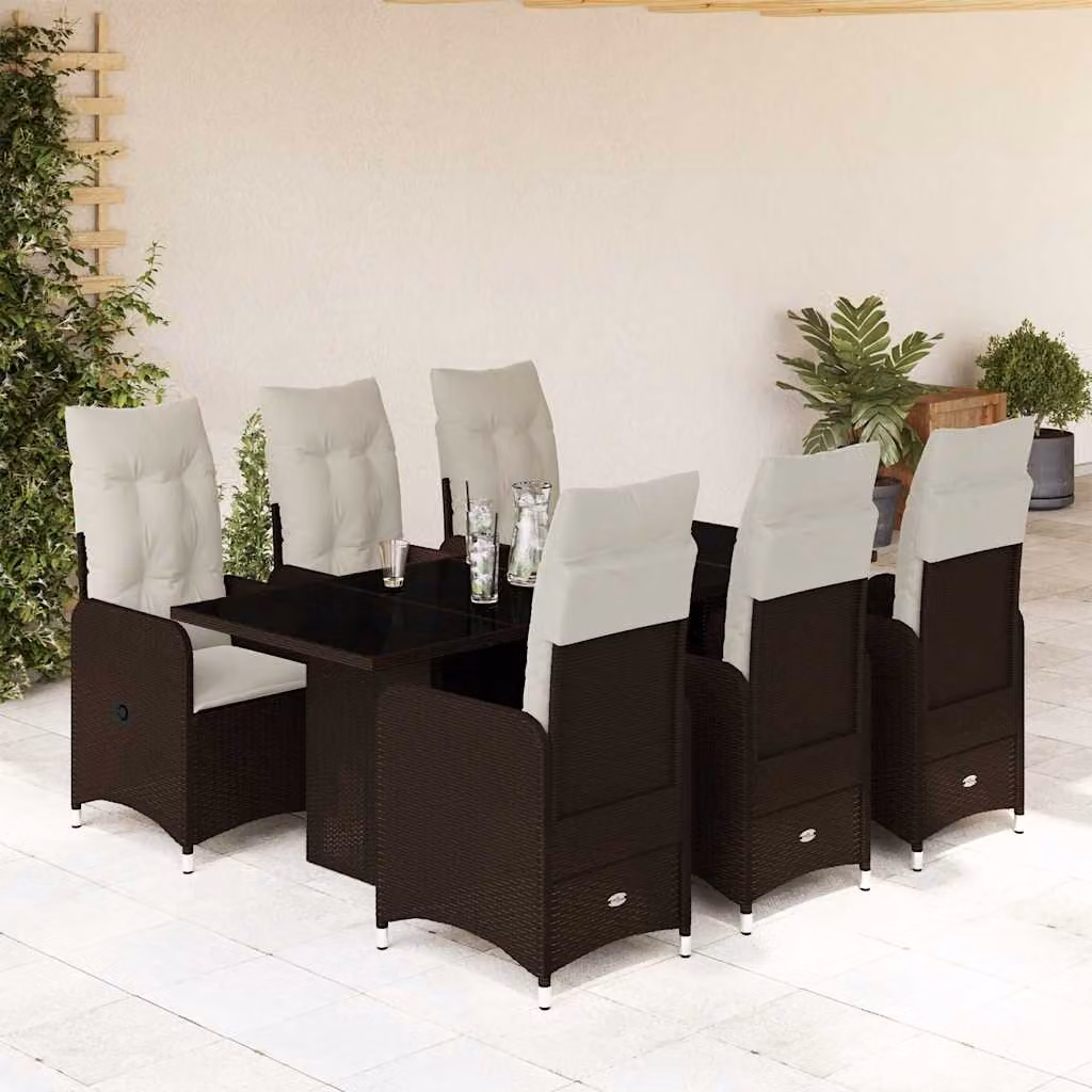 vidaXL Set Bistrò da Giardino 7 pz in Polyrattan Marrone con Cuscini e Tavolo in Vetro – 1