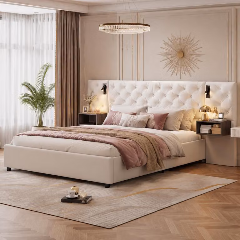 Letto imbottito INONEFT, 140 x 200 cm, con sistema di sollevamento idraulico, contenitore e rete a doghe, letto matrimoniale con LED e porta USB, rivestito in velluto, colore crema, senza materasso