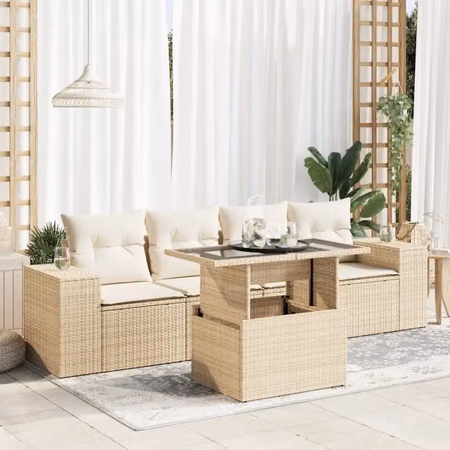 Set Divano da Giardino 5 Pezzi vidaXL in Polyrattan con Cuscini Beige e Tavolino da Caffè