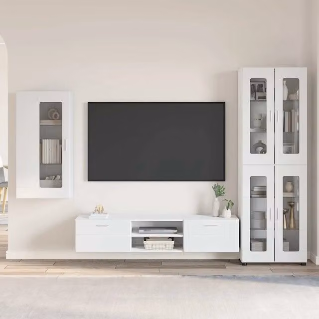 Set mobile TV moderno FLORIN vidaXL in 3 pezzi, Bianco e Legno, ideale per soggiorno, camera da letto o ufficio in casa