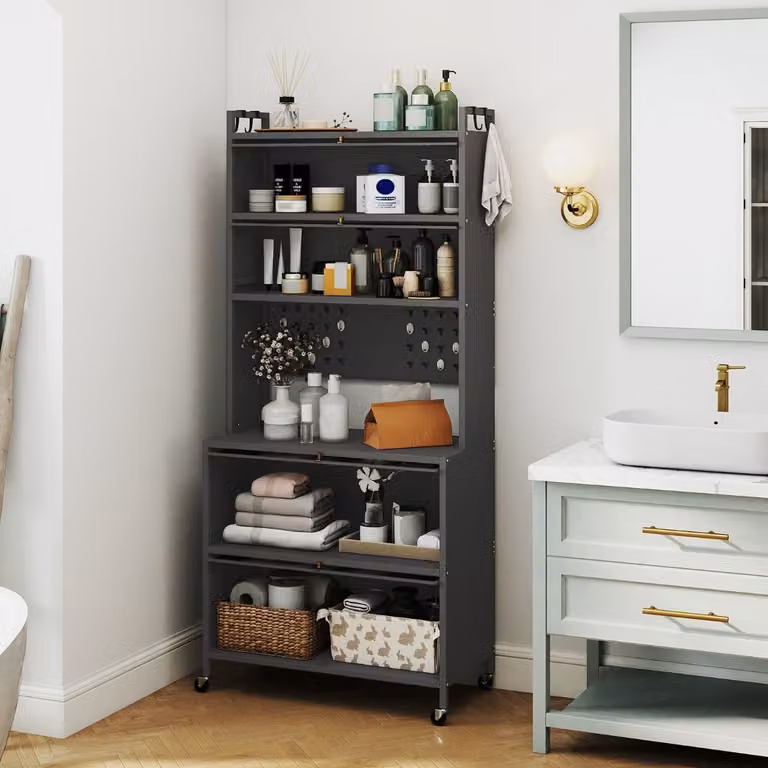 Costway Armadio da Cucina Buffet Credenza Grigio con 6 Livelli, Porte Ribaltabili e Supporto per Microonde