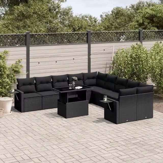 Set da giardino moderno vidaXL composto da 11 pezzi in polyrattan nero con cuscini inclusi e tavolino da caffè – 1