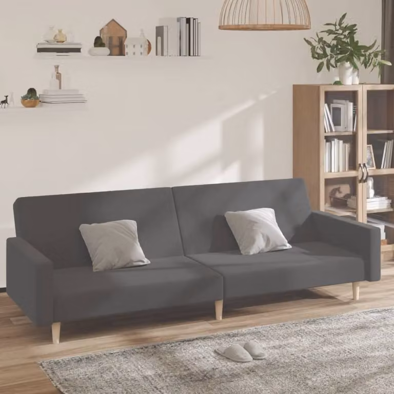 Divano letto 2 posti, colore grigio chiaro, rivestito in tessuto, modello esclusivo