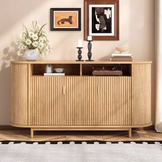Credenza, mobile da ingresso, armadio a 3 ante, effetto legno, MDF, gambe in legno, colore legno naturale