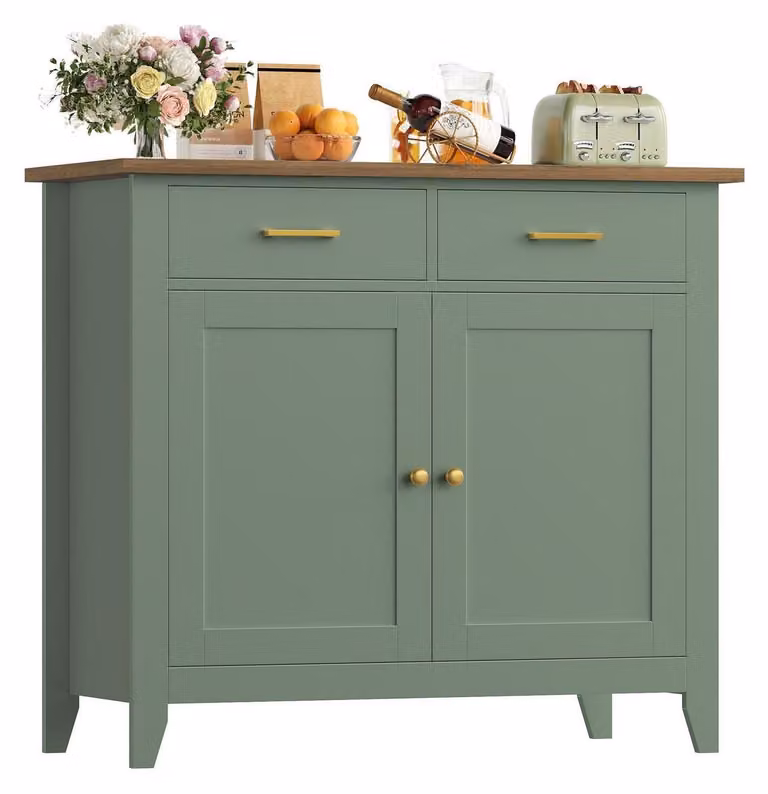 Mobiletto da cucina, credenza con piano di lavoro, 2 cassetti, 2 ante, legno, stile rustico, colore verde