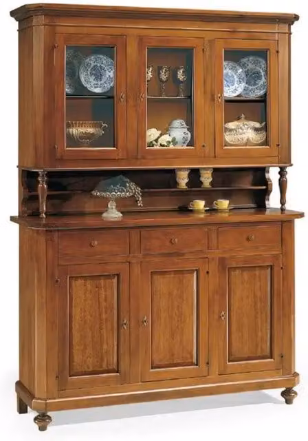 Cristalliera 6 ante 3 cassetti arte povera in legno massello e mdf con rifinitura in noce 150x43x218 H