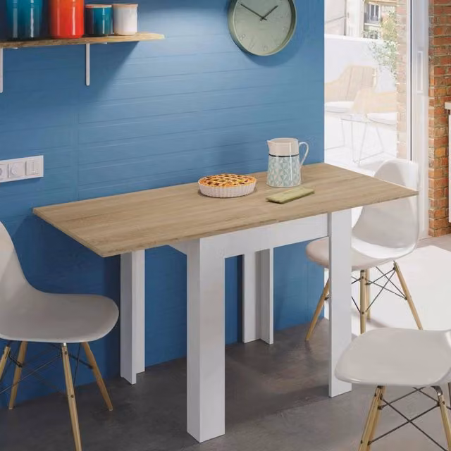 Tavolo da pranzo allungabile Aratro DMORA, modello pieghevole con apertura a libro, Bianco e Rovere, L/P/H: 67 x 67 x 79 cm (estendibile a 135 cm)