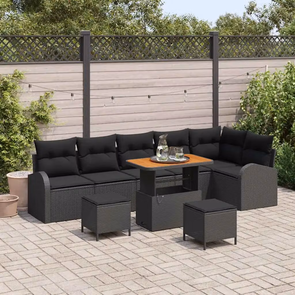 Set Divano da Giardino vidaXL 9 Pezzi con Cuscini e Contenitore Nero – 1