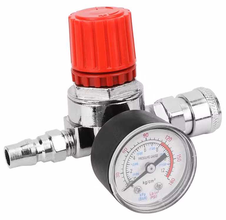 Regolatore di pressione per compressore d'aria con manometro e connettore