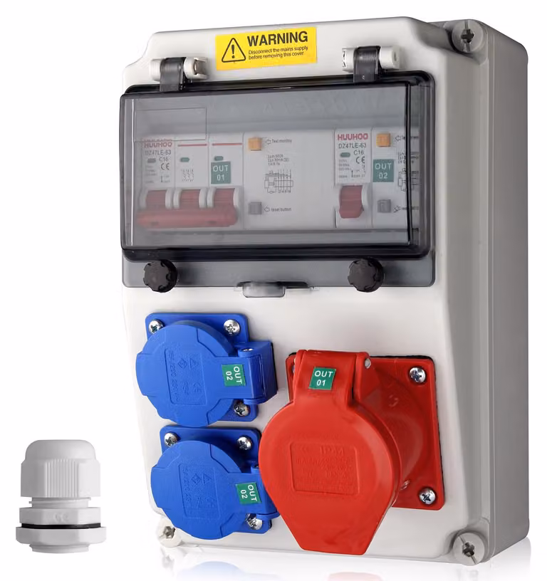 Distributore di corrente per cantieri, con interruttore differenziale (LS+FI), 2 prese da 230V, 1 presa da 16A, grado di protezione IP66 (resistente all'acqua)