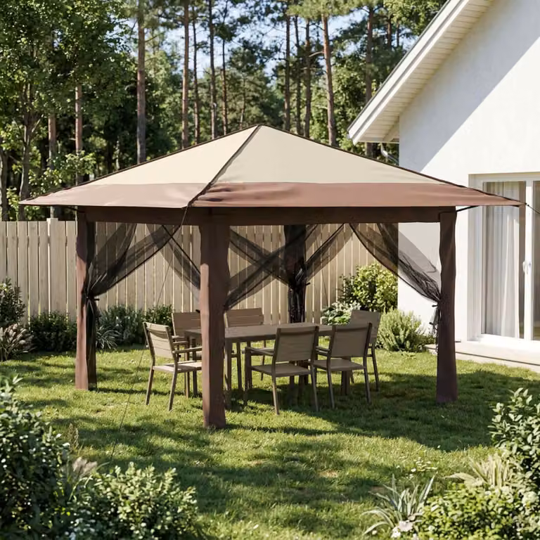 Gazebo vidaXL con 4 pareti in poliestere e acciaio, Colore: beige e marrone, L/P/H: 330 x 330 x 245 cm