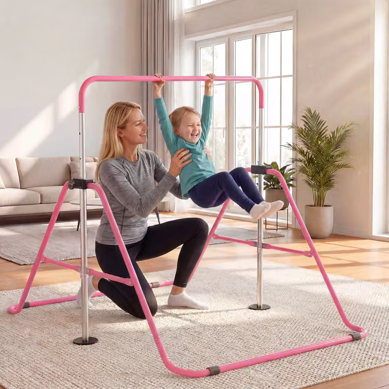 Barra ginnastica pieghevole Costway per bambini con base antiscivolo e altezza regolabile, Rosa