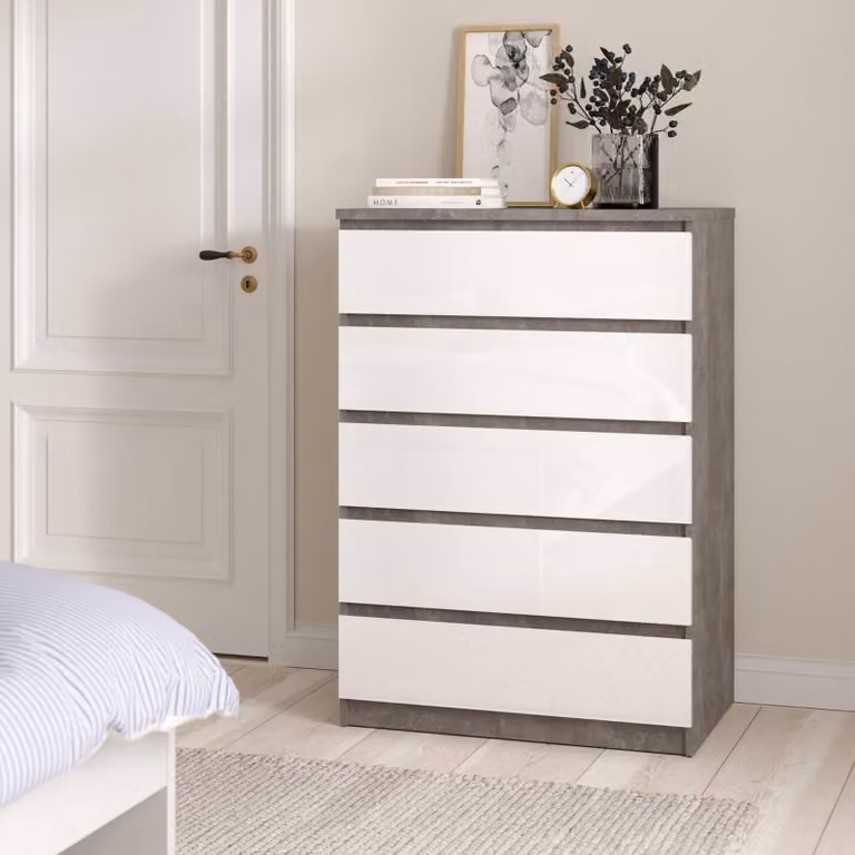 Dmora Cassettiera Ansel 50x77x111.3h cm Grigio Cemento, 5 Cassetti Apertura Scorrevole