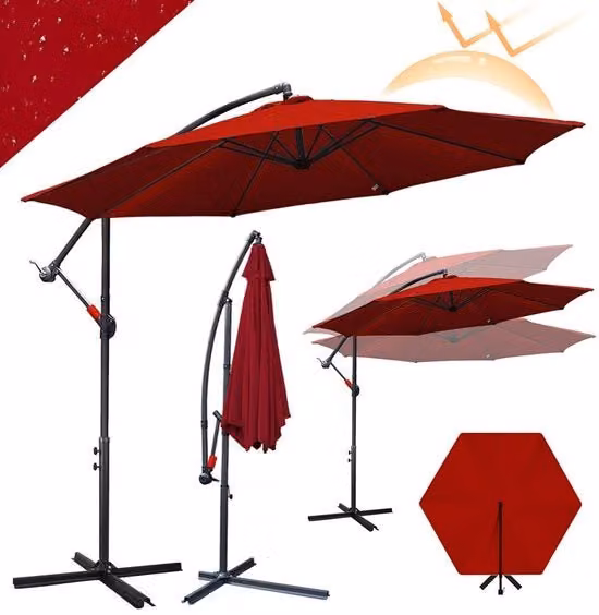 Ombrellone da giardino 300 cm - Grande Ombra - Protezione UV 50+ (blocca il 98% delle radiazioni UV) - Regolabile in diverse angolazioni - Struttura in acciaio stabile con 6 nervature - Base 100×100 cm - Impermeabile - Ventilazione rossa
