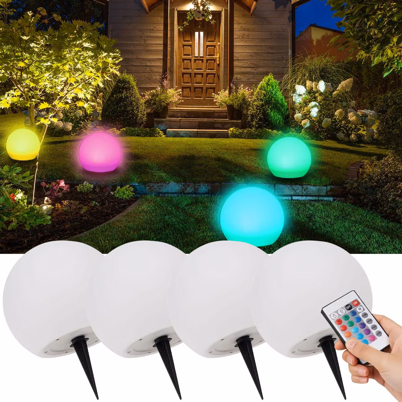Set da 4 sfere luminose a LED solari, Ø 30 cm, RGBW con telecomando, 60 lm, IP67. Sfere luminose con cambio di colore per giardino e terrazza, resistenti alle intemperie e senza fili