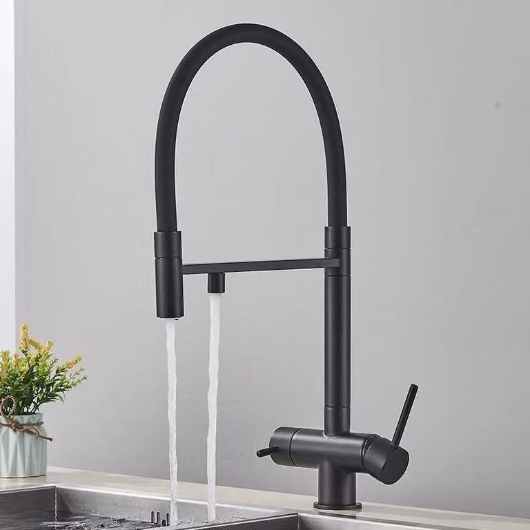 Rubinetto da cucina con filtro - Rubinetto a 3 vie - Doppia maniglia - Doccetta estraibile - Orientabile a 360° - Montaggio monoforo - Acciaio inossidabile - Cartuccia in Vetroceramica - Nero opaco