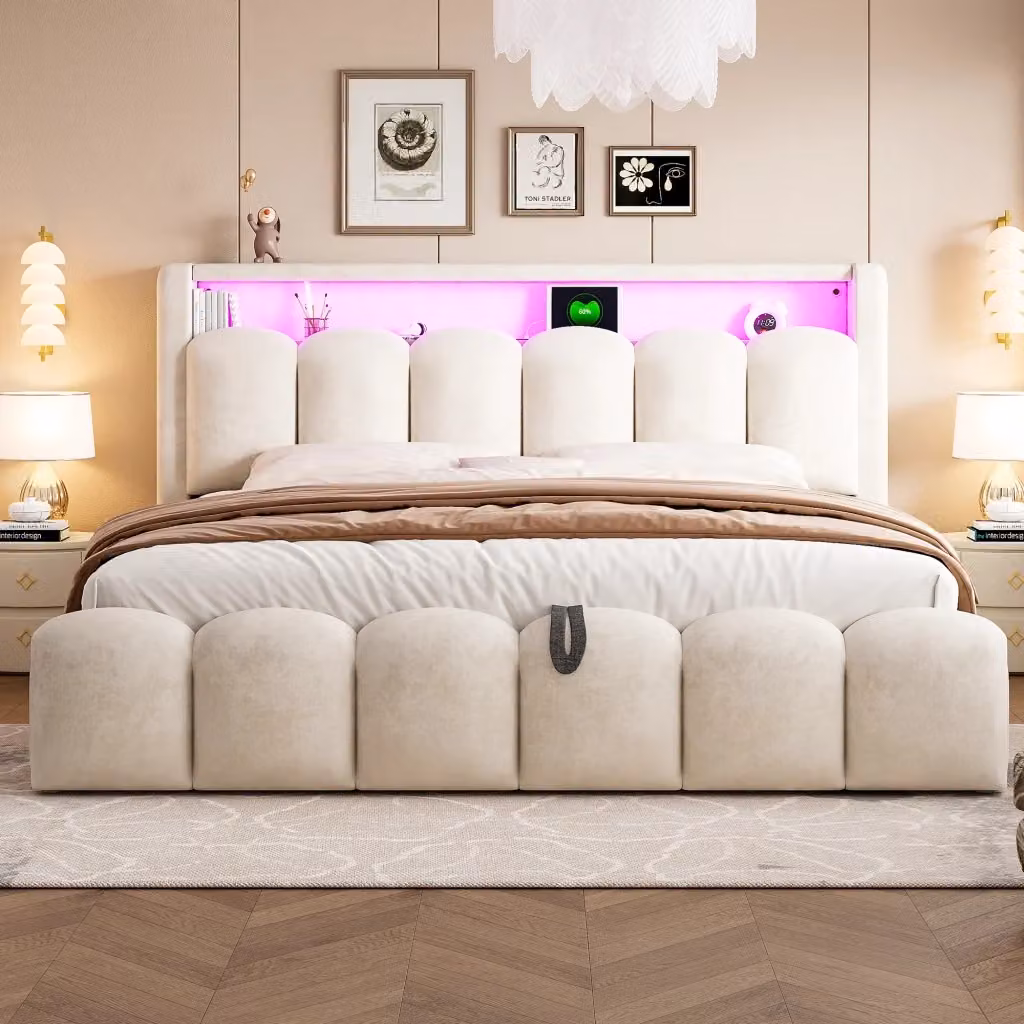 Letto contenitore matrimoniale beige con illuminazione LED, porte USB e Type-C, testiera con mensola e base a sollevamento, L/P: 180 x 200 cm – 2