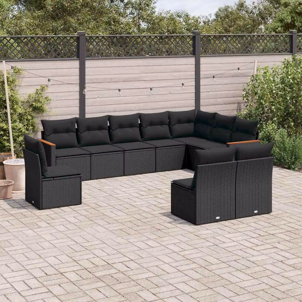 vidaXL Set Divani da Giardino 10 Pezzi in Polyrattan Nero con Cuscini Imbottiti e Rivestimenti Rimovibili – 1