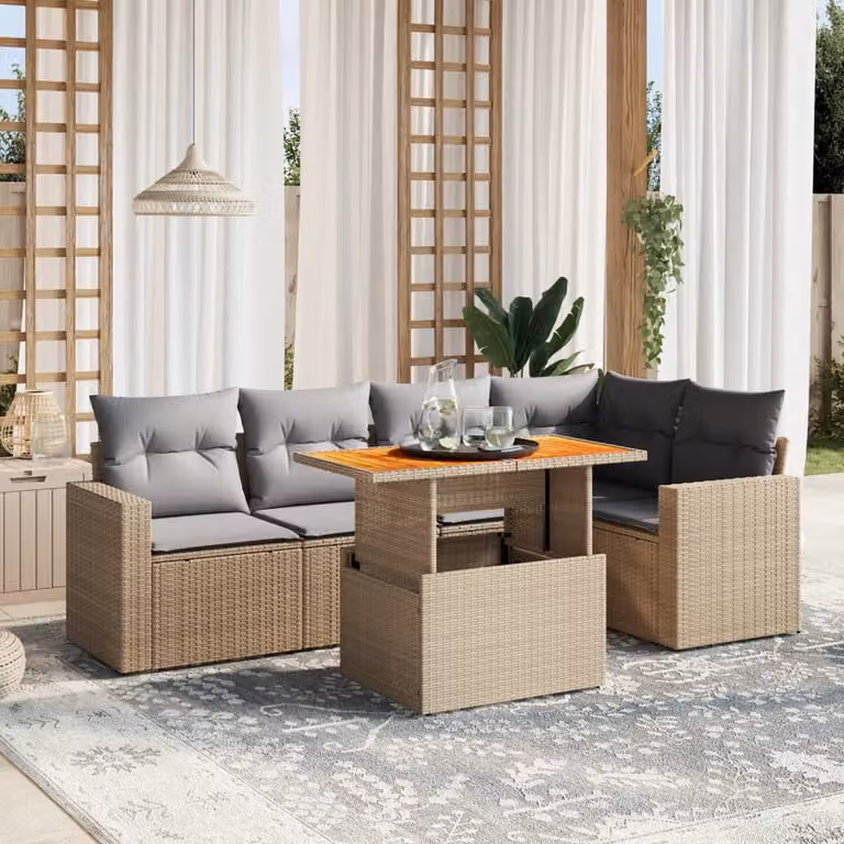 vidaXL Set Divano da Giardino a L 6 pz in Polyrattan con Cuscini Beige e Tavolino da Caffè