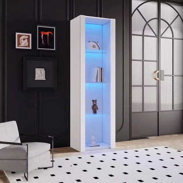 Vetrina alta WISHDOR bianca lucida con ante in vetro e illuminazione LED, L: 55 cm, P: 38 cm, H: 166 cm
