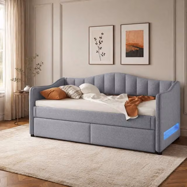 Divano letto Mivray con letto estraibile e illuminazione LED regolabile tramite app, rivestimento in tessuto grigio e struttura in MDF, L/P/H: 120 x 200 x 85 cm