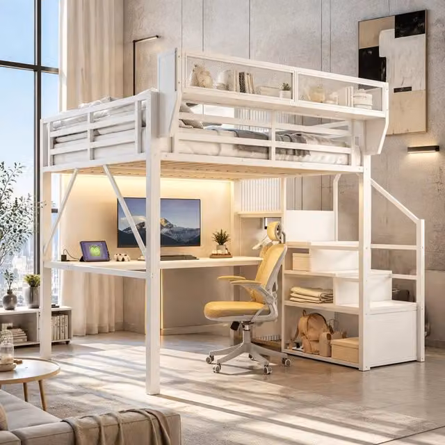 Letto a soppalco 140x200 cm in metallo bianco con scrivania, LED e ripiani