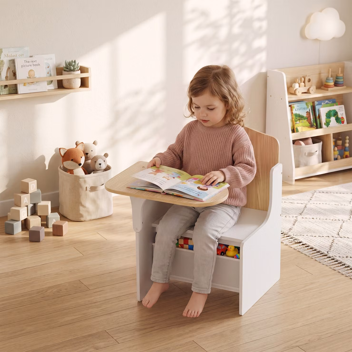 Set Tavolo e Sedia AIYAPLAY per Bambini da 3 a 6 Anni in Legno MDF con Motivi a Cuore e Contenitore Integrato, Bianco – 2