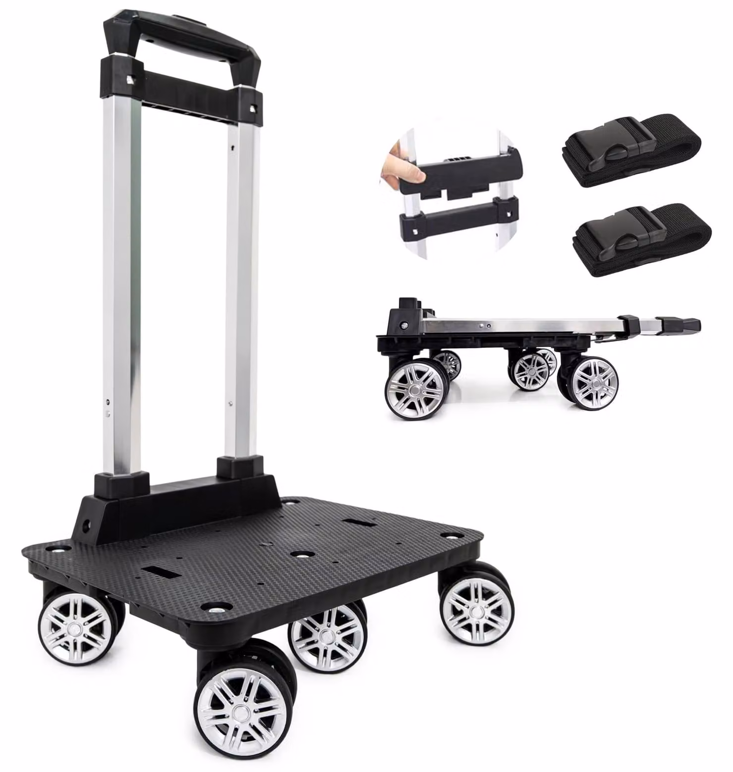 Carrello da trasporto con 5 ruote piroettanti, carrello pieghevole in alluminio con cinghie per bagagli