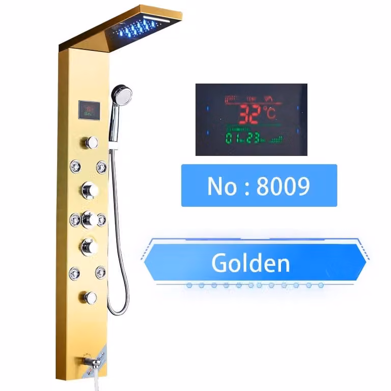 Pannello doccia a LED, funzioni multiple dell'acqua, display digitale della temperatura, oro 8009