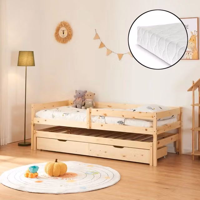 Letto singolo Sonkajärvi per cameretta con cassetti e materasso in schiuma en.casa in legno di pino, L 90 x P 200 cm