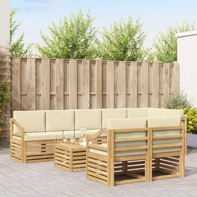 Set di divani da esterno a L vidaXL in legno di acacia con tavolo da caffè e cuscini, Bianco e Beige – 1