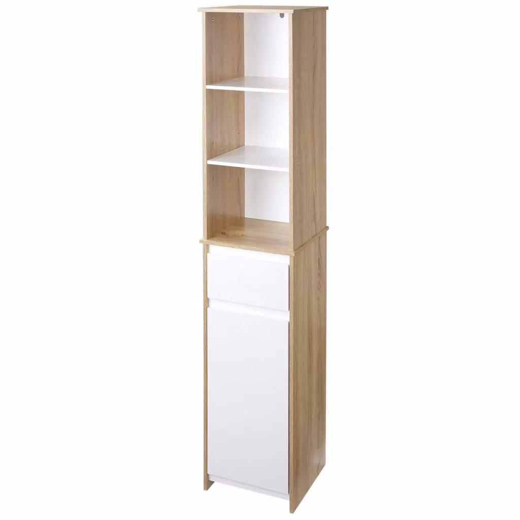Mobile Colonna Bagno Xylo Bianco e Legno Naturale con 1 Anta, 1 Cassetto e 3 Ripiani, L/P/H: 32 x 30 x 171 cm – 2