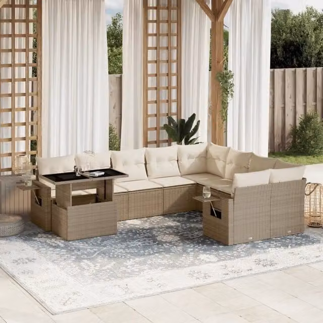 Set Divano da Giardino vidaXL in Polyrattan Beige con Cuscini e Tavolino da Esterno a Forma di U – 1