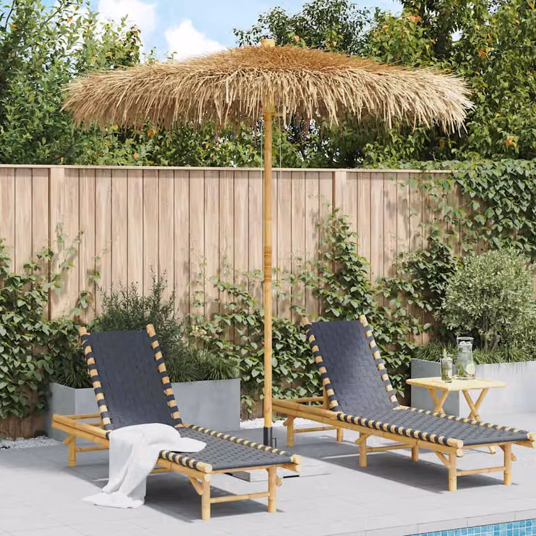 Ombrello Tiki vidaXL con baldacchino a foglia di banana in bambù e legno, colore marrone, diametro: 240 cm