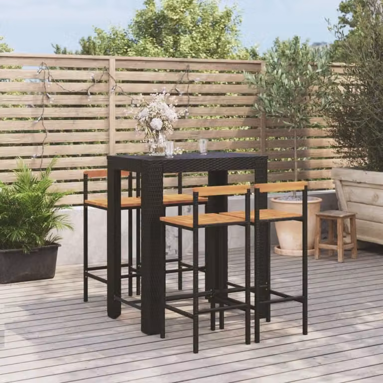 The Living Store Set bar da giardino 5 pezzi in poly rattan nero e legno massiccio di acacia