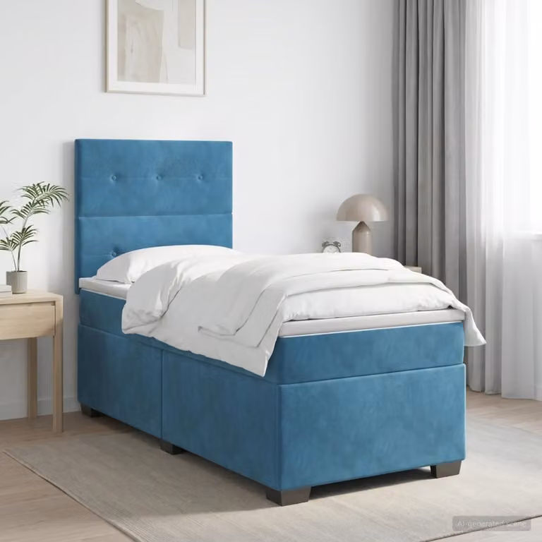 Letto a molle con materasso e testiera blu, 90 x 200 cm, rivestito in velluto