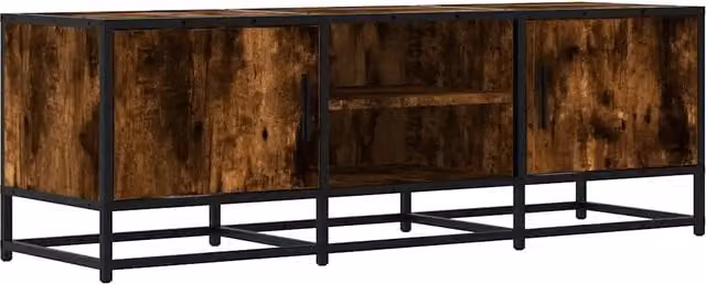 Mobile porta TV in stile industriale con vano contenitore in legno e metallo, colore marrone rovere, L 120 x P 35 x H 41 cm
